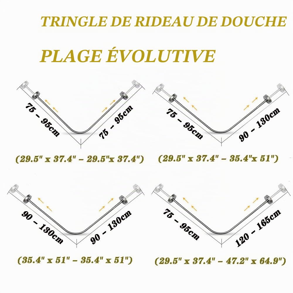 Tringle de Douche en L en Acier Inoxydable 304, Barre Rideau de Douche d’Angle Ajustable, Installation Sans/Avec Perçage, pour Salle de Bain, 75–95 cm x 75–95 cm