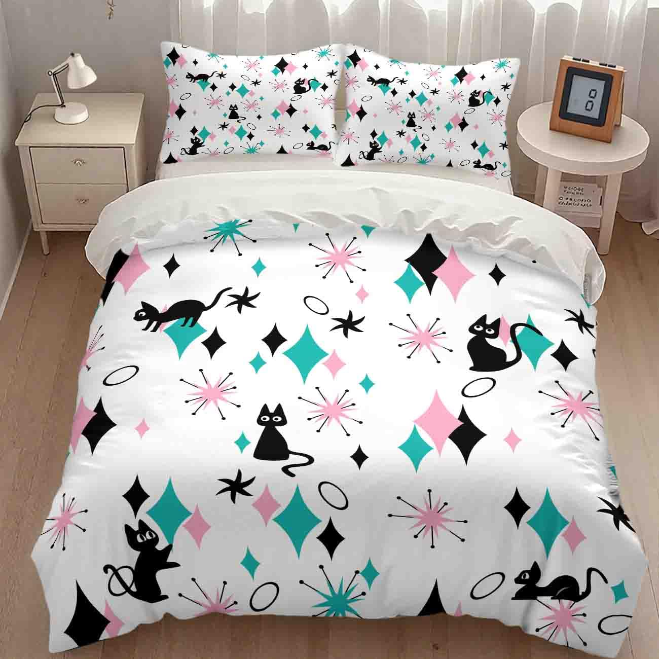 Geometry Modern Bedding Set,Mid Century Black Cat Abstract Atomic Geometric Vintage 1950s 1960s Pattern Print Yellow Comforter Set with Pillowcase for Bedroom Bed Decor，Twin 86"x70"