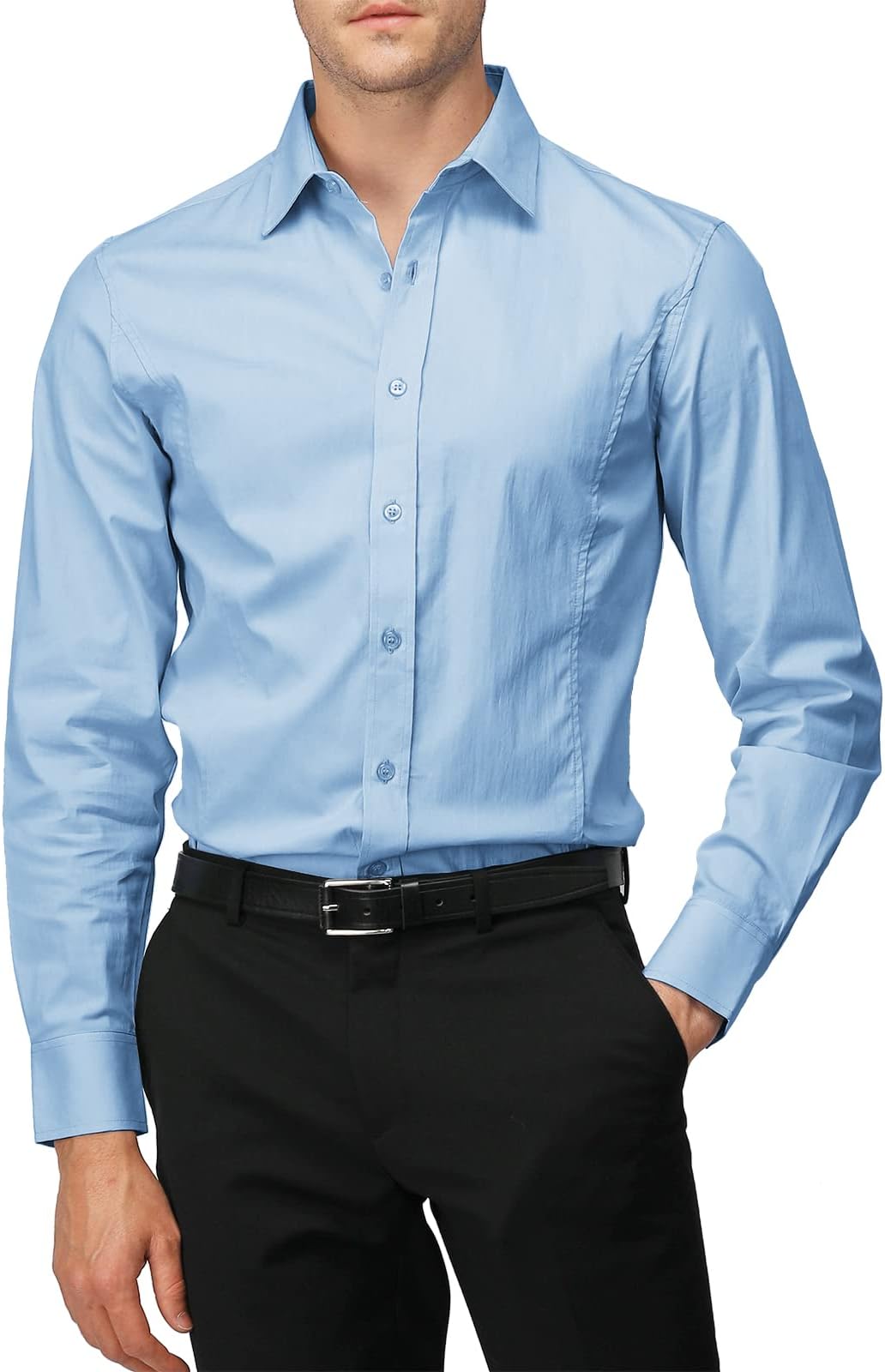 H2H Men's Slim Fit Dress Shirts Stretch Long Sleeve Basic Formal Shirts Solid Business Casual Button Down Shirts