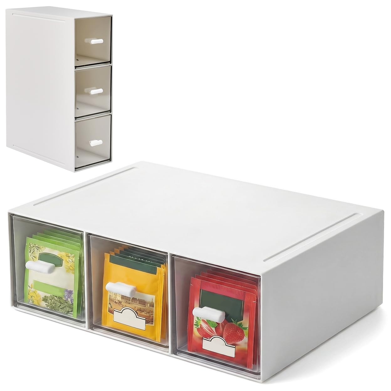Linzerry Tea Bag Box Tea Box with 3 Drawers Tea Bag Storage Tea Organiser Storage Stackable Box Tea Bag Holder Plastic Tea Boxes for Tea Bags Coffee Pods Spices Kitchen Office