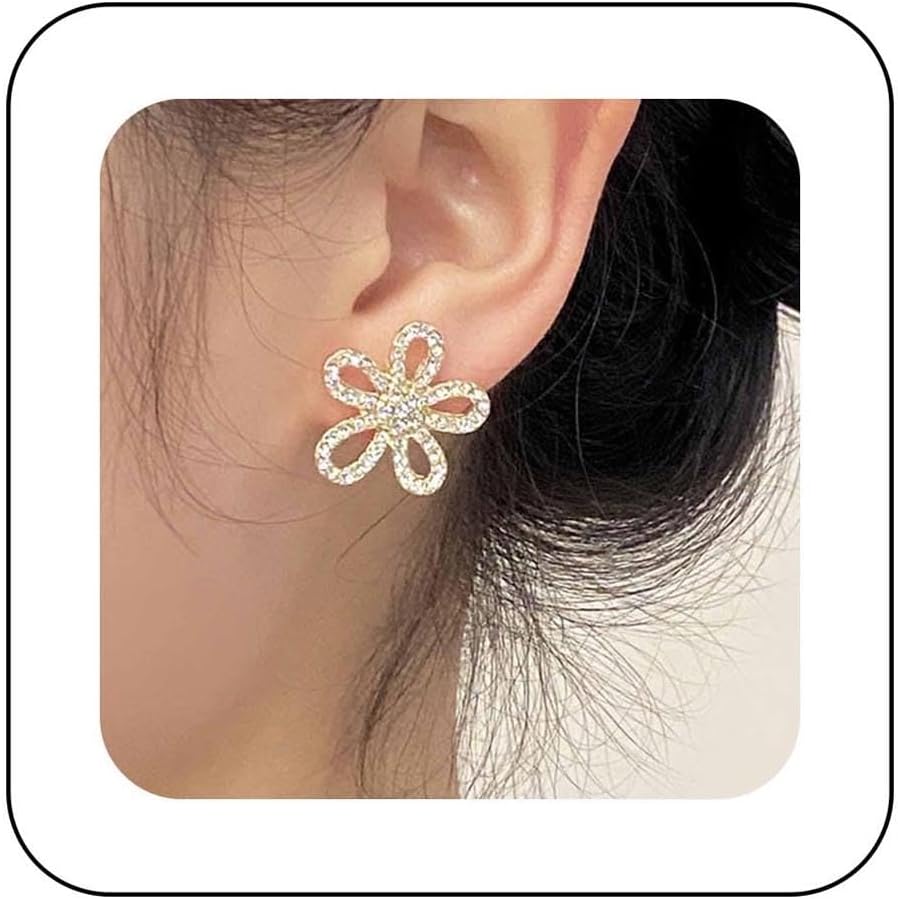 Vintage Crystal Flower Stud Earrings Gold Rhinestone Flower Earrings Full CZ Stud Earrings Floral Cz Earrings Jewelry for Women