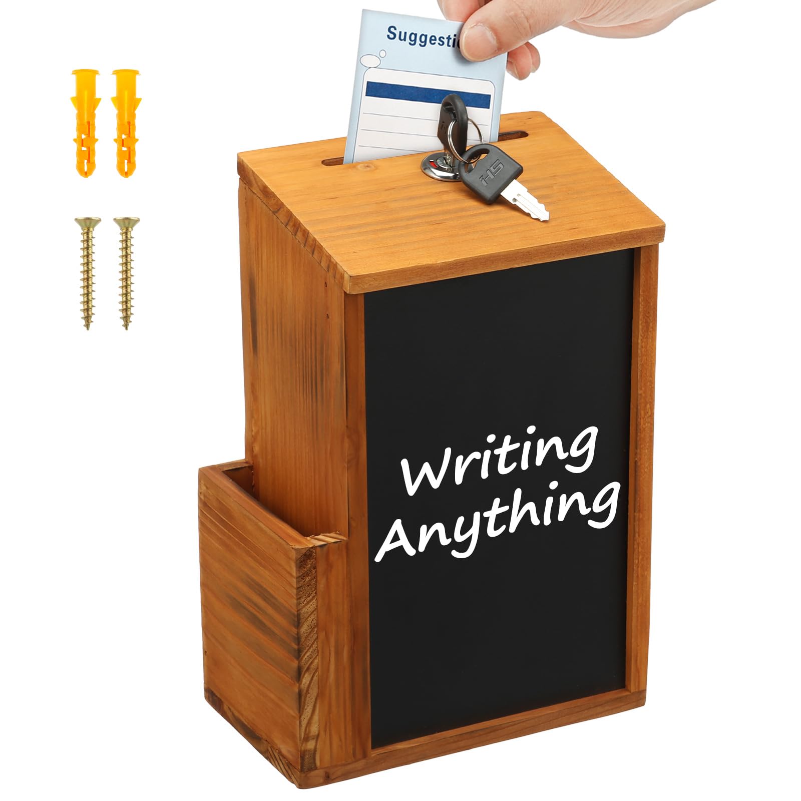 ZEJEXXB Lockable Wooden Suggestion Box with Chalkboard, Wall Mounted Ballot Box & Donation Boxes for Charity, Vintage Wood Comment Collection Container with Slot and Keys for Office Church School