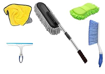 WinbergCar Cleaning Combo Pack Microfiber Duster Carpet Brush Scurb Glass Wiper Full Interior and Exterior Cleaning Kit - CarCLNG0004