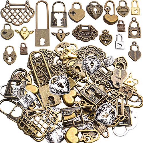 Heart Lock Charms, 100 Gram Tibetan Mixed Styles Heart Lock Pendants Retro Love Charm Jewellery Making Accessories for DIY Craft Bracelets Necklace Findings Crafting