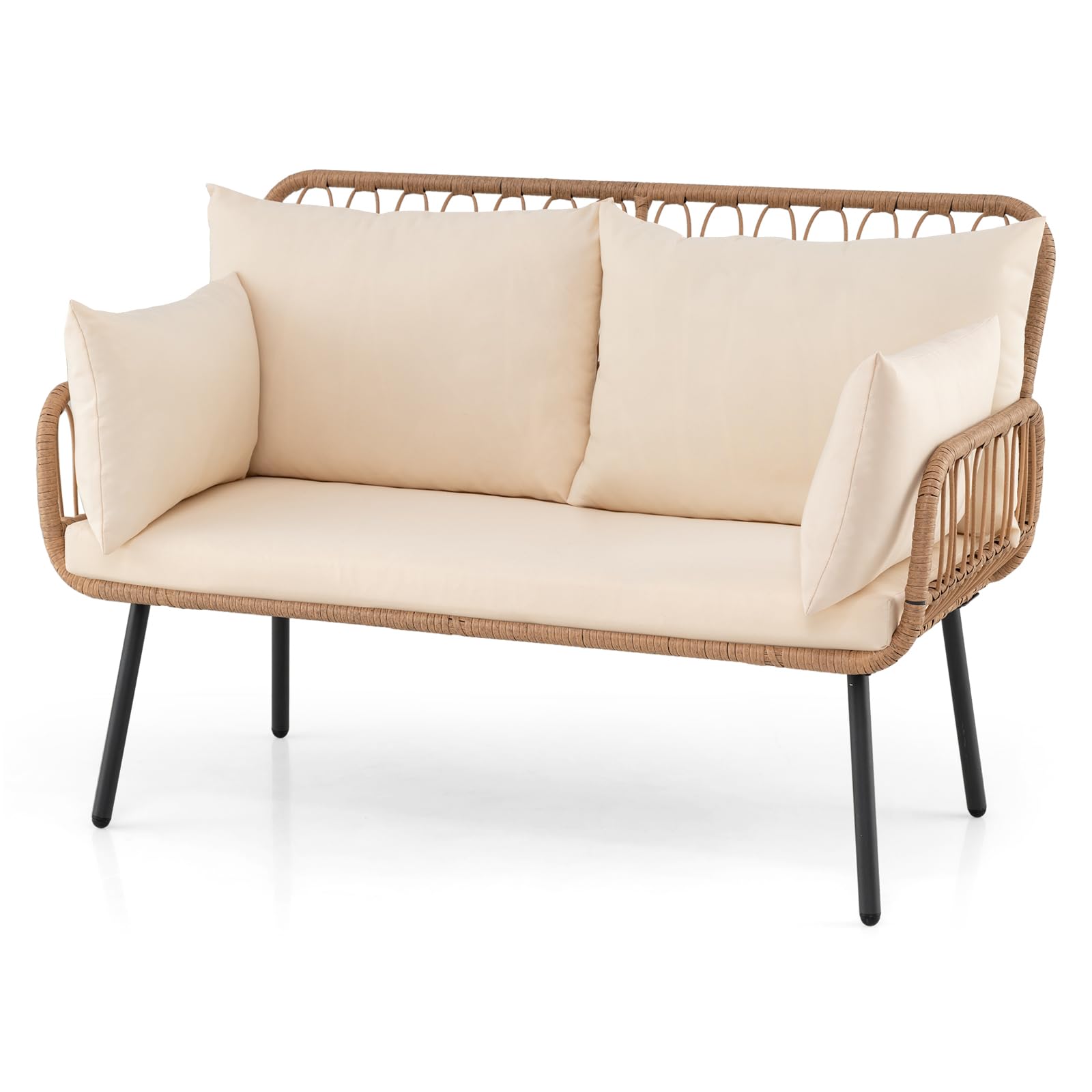 Canapé de Jardin 2 Places en Rotin Résine 118x62x81 cm avec Coussins, Cadre Métal, Charge 300 kg pour Balcon Terrasse