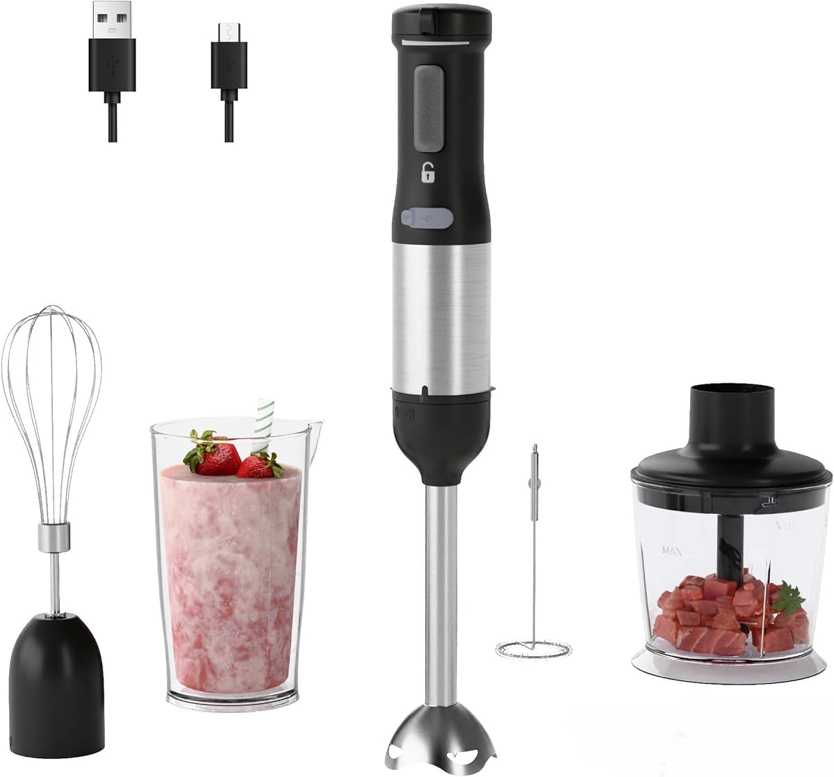 Cordless Immersion Hand Blender, 5-in-1 Variable Speed blender handheld,Rechargeable with 2000mAh Battery, BPA-Free & Dishwasher-Safe Accessories:700ml Beaker,Chopper,Whisk & Milk Frother,Black