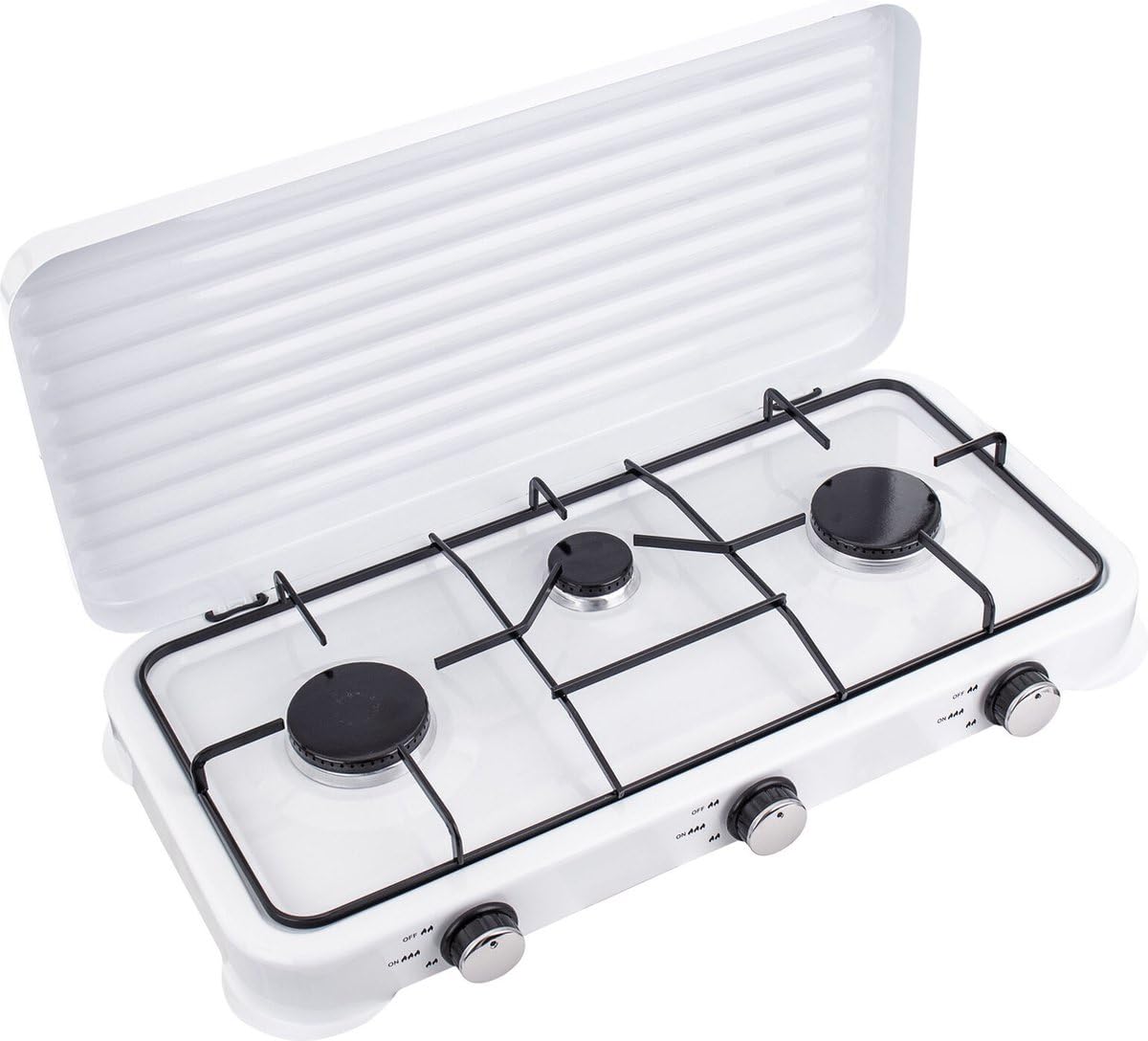 SMH LINE® Fornello a gas da campeggio a 3 fuochi, con tubo e regolatore, 50 mbar, gas propano da 5,4 kW, fornello da campeggio, fornello da tavolo XL