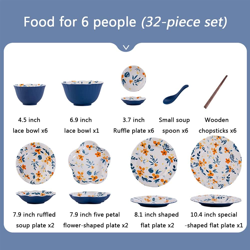 Retro Flower Glaze Glaze Dish Set, Porcelain Flower Pizza Bakeware Cheese Oven Bakeware, Suitable for Cooking, Kitchen, Cake Dinner,32 Piece Set