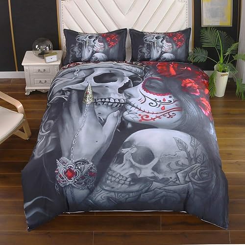 Miniatura 2 de Suncloris Juego de funda de edredón 3D tamaño Queen gótico oscuro, juego de ropa de cama de calavera de azúcar con rosas, 3 piezas incluye 1 funda
