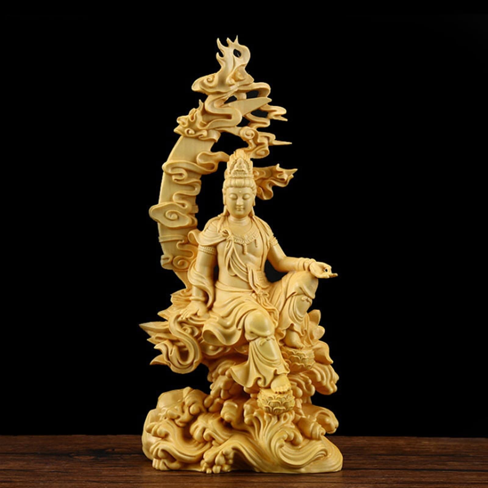 SBCGFY Handmade Solid Wood Water Moon Guanyin Statue Finely Carved Chinese Buddha Statues Modern Art Sculpture Home Decoration Feng Shui Guanyin Desktop Figurine