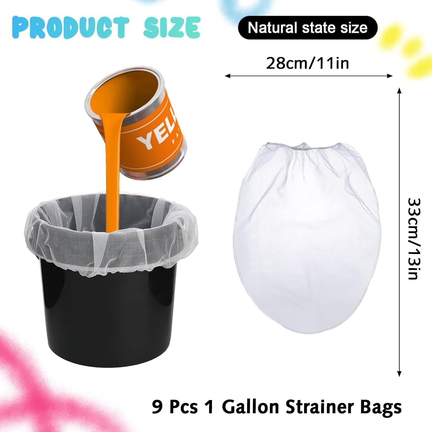 Lot de 9 sacs à tamis de couleur, tamis de 1 gallon, tamis et tamis de couleur avec ouverture supérieure élastique pour la couleur, le jardinage, la culture hydroponique.