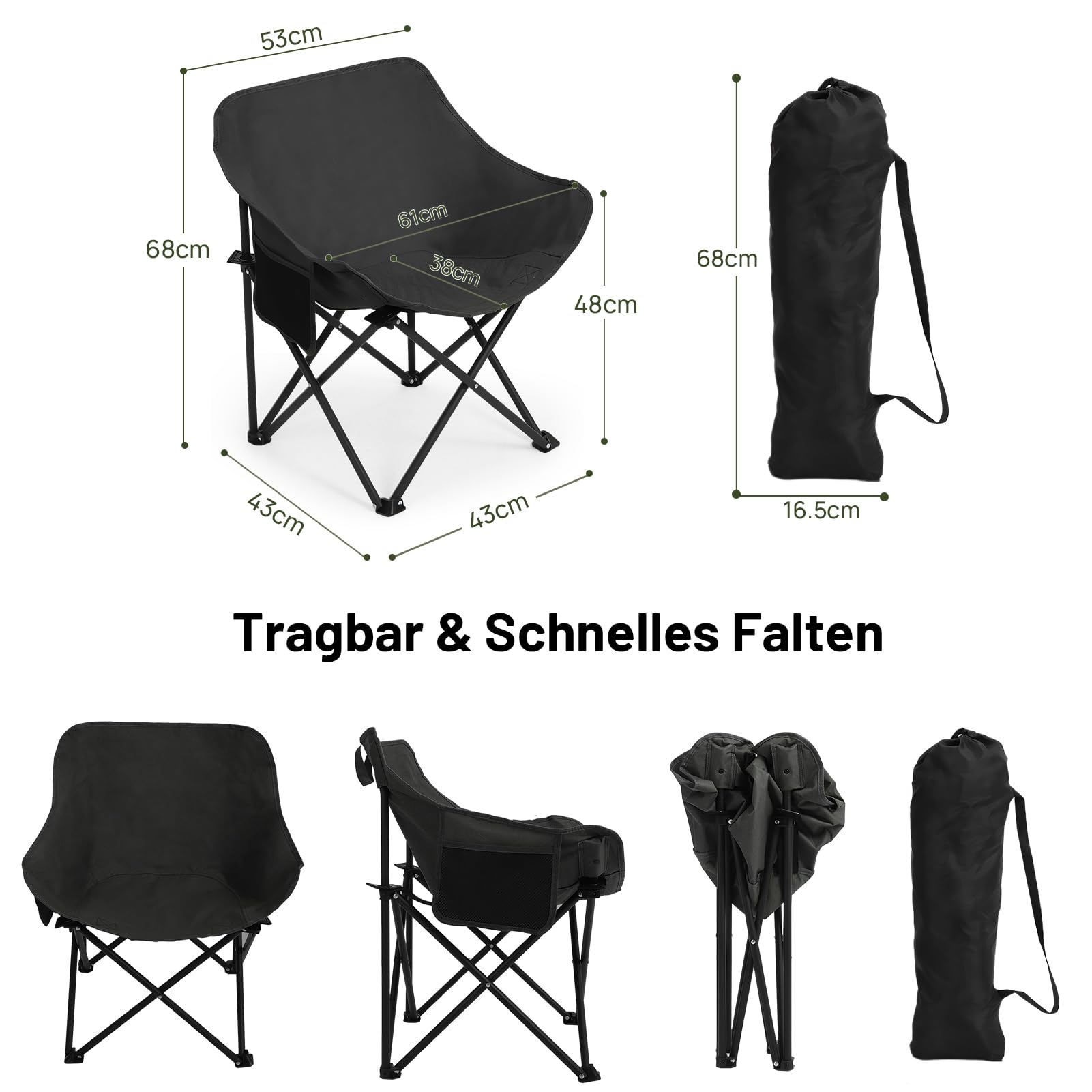 HAUSPROFI Campingstuhl Faltbar 150 kg Belastbar, Klappstuhl Camping Leicht, Bequeme Rückenlehne Campingstuhl, Camping Stuhl mit Tragetasche für Picknick, Outdoor, Wandern, Gartenstühle, Angelstuhl