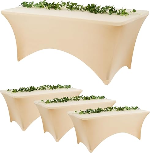 Paquete de 4 manteles de elastano champán para mesas plegables rectangulares de 6 pies, fundas de mesa de elastano elástico sin arrugas con bolsillo