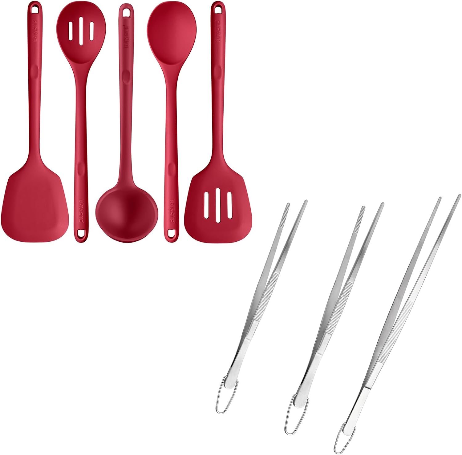 Silicone Kitchen Utensil Set: U-Taste 600ºF Heat Resistant 13.6in Extra Long Kitchen Tools (5 PCS, Red) and 8"+10"+12" Cooking Tweezer: 18/8 Stainless Steel Food-Grade Metal Tong (Pointed Tip)