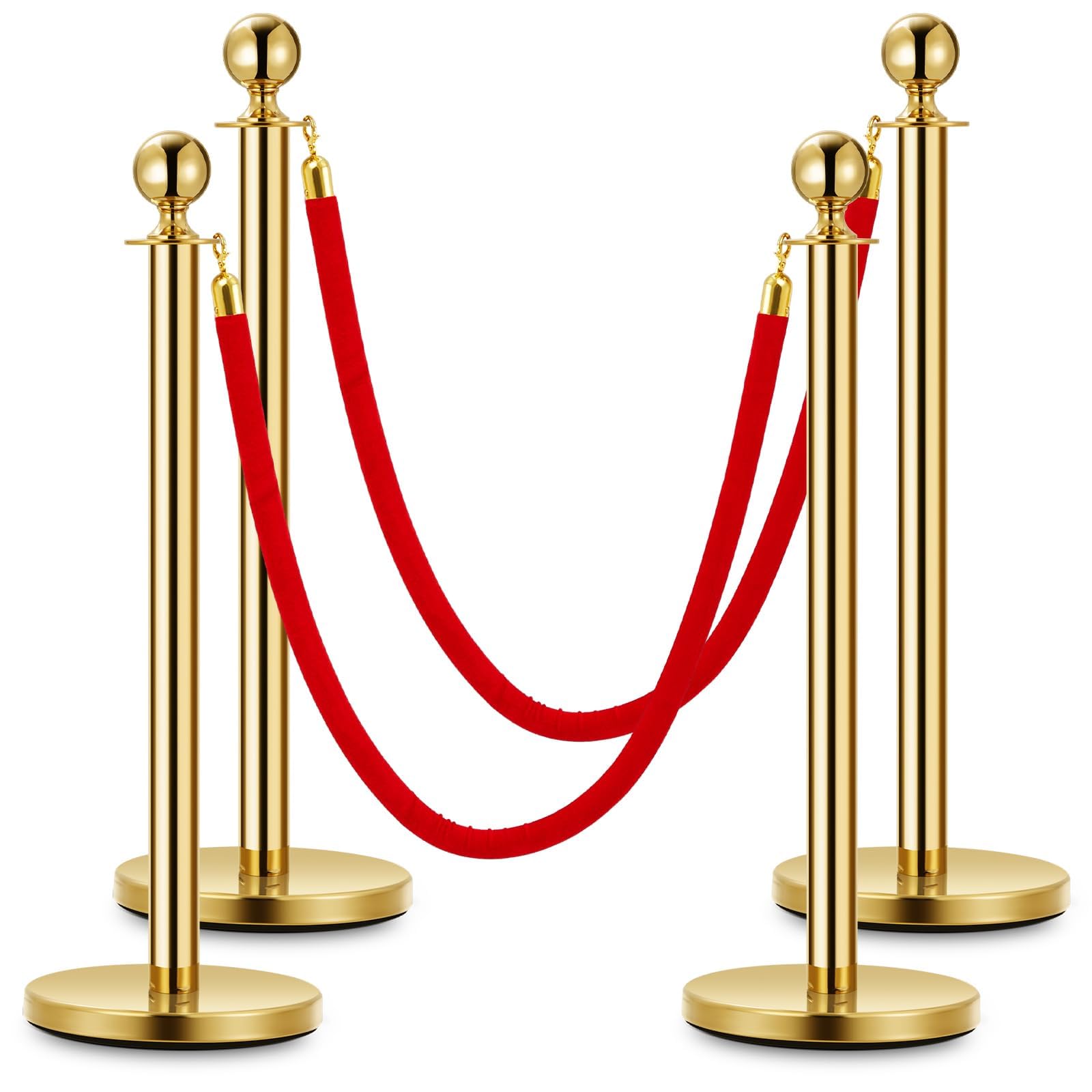 Gold-Plated VIP Stanchion Set with 4 Durable Poles and 2 Red Velvet Ropes, 5FT Length Each, Easy Sand-Filled Base Assembly for Elegant Crowd Control