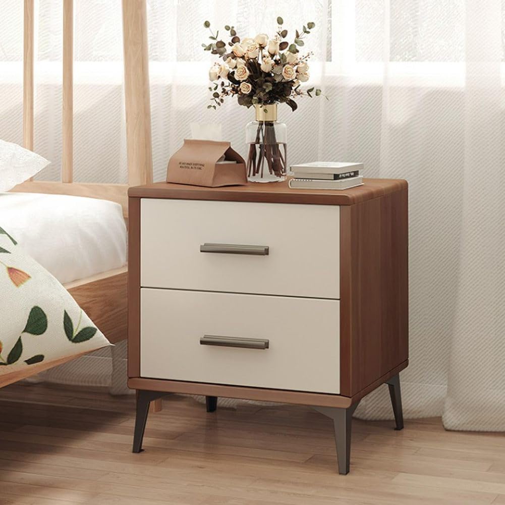 Table de chevet 2 tiroirs avec pieds en métal de 50 cm pour chambre et salon