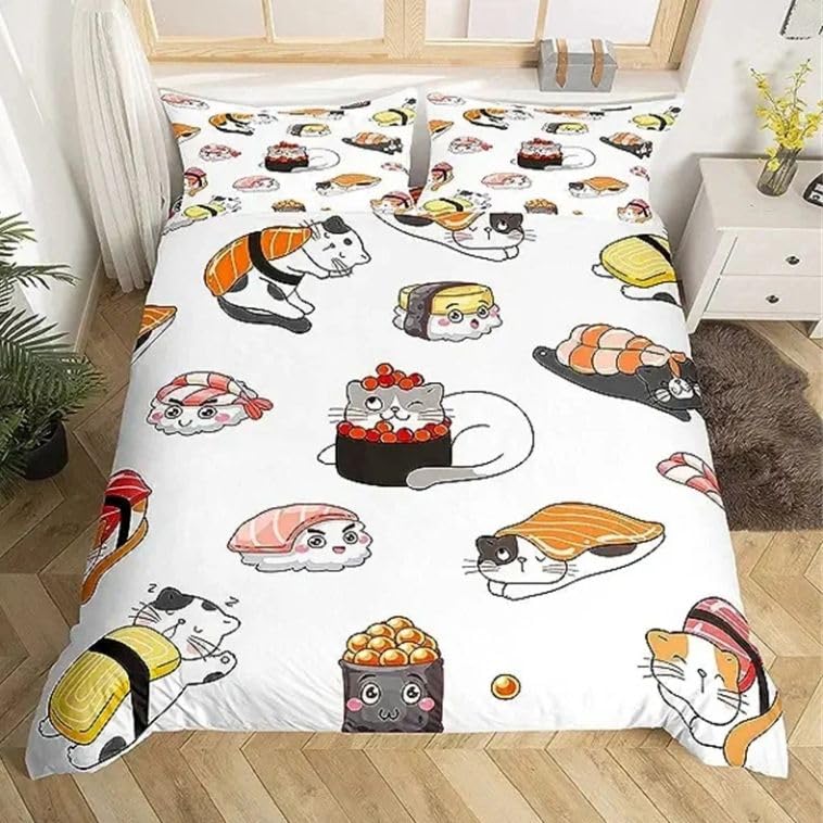 Housse de couette 140x200 motif sushi blanc en microfibre douce avec 2 taies d'oreiller