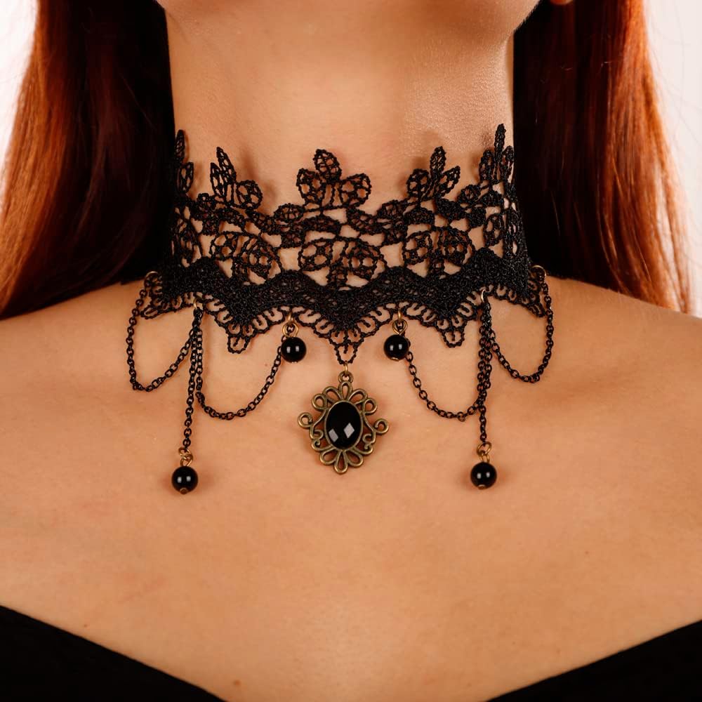 Missgrace Punk Vintage Black Lace Shiny Choker Necklace for Women Chunky Short Necklace Black Chain Necklace for Women - Image 2