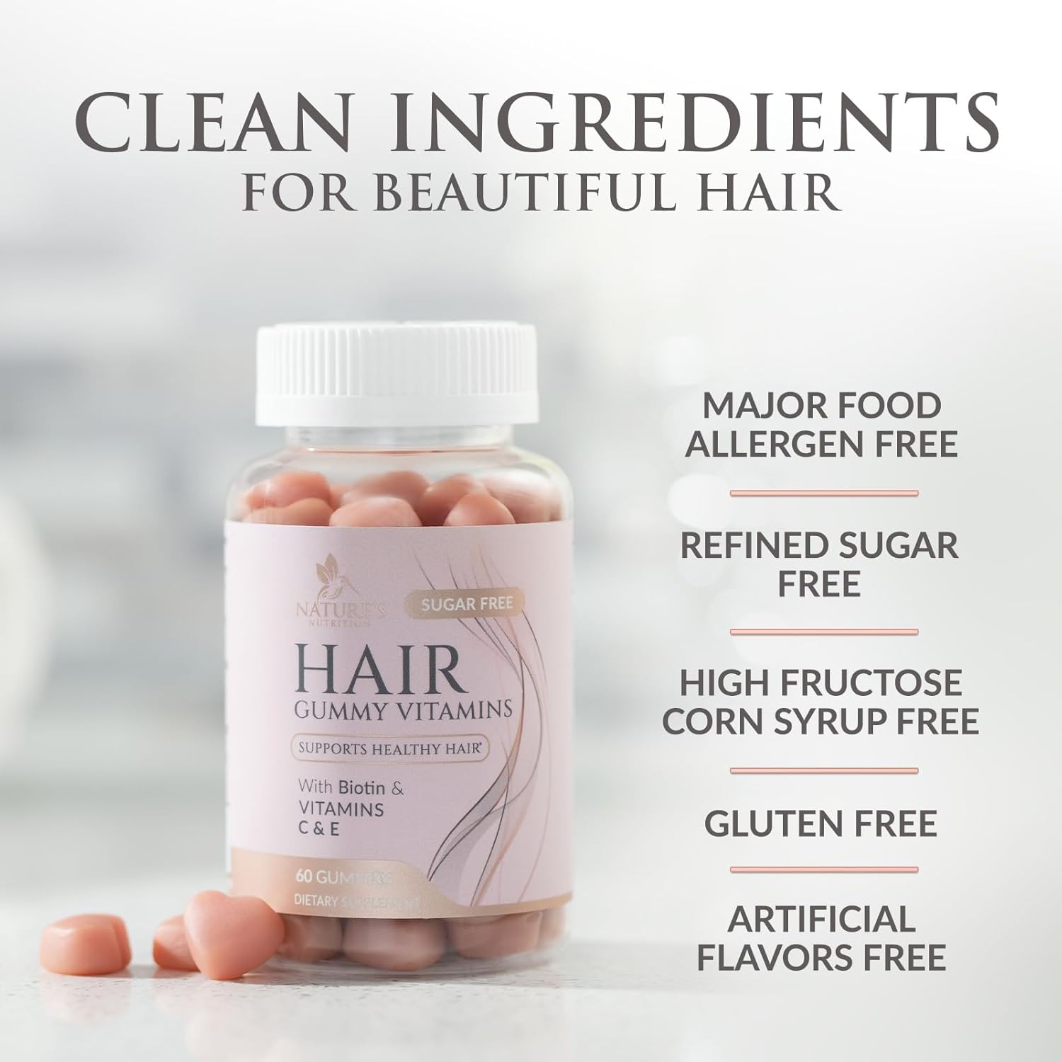 Hair Vitamins Gummies - Sugar Free Hair Growth Support Gummy with Biotin 5000 mcg, Vitamin A, B12, C, D, E, Folic Acid - Supports Strong Beautiful Hair and Nails, Vegetarian Friendly - 60 Gummies - Image 7