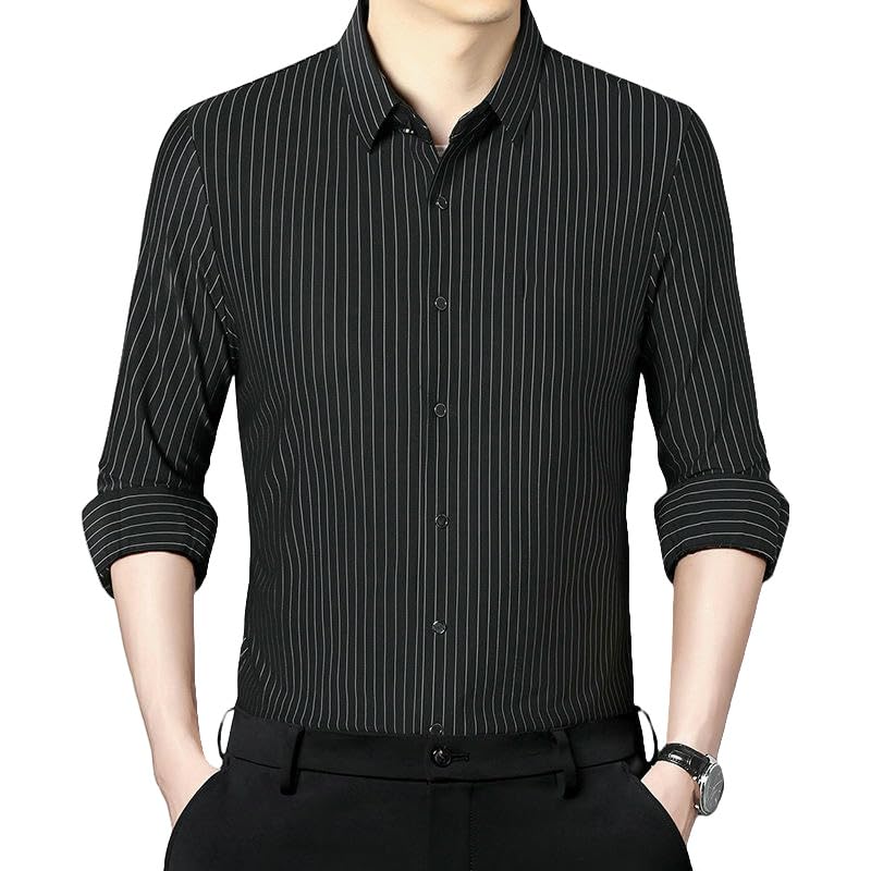 Camisa de manga larga a rayas para hombre de mediana edad MQMYJSP
