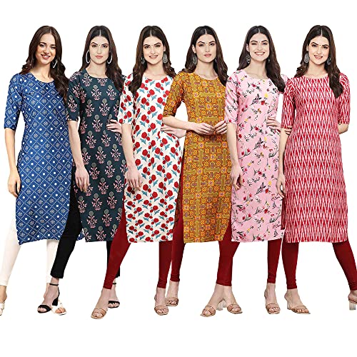 Image of Pinkmint Women's Crepe Digital Print Straight Kurta [Pack of 6] (CKE-329-353-330-333-341-343)