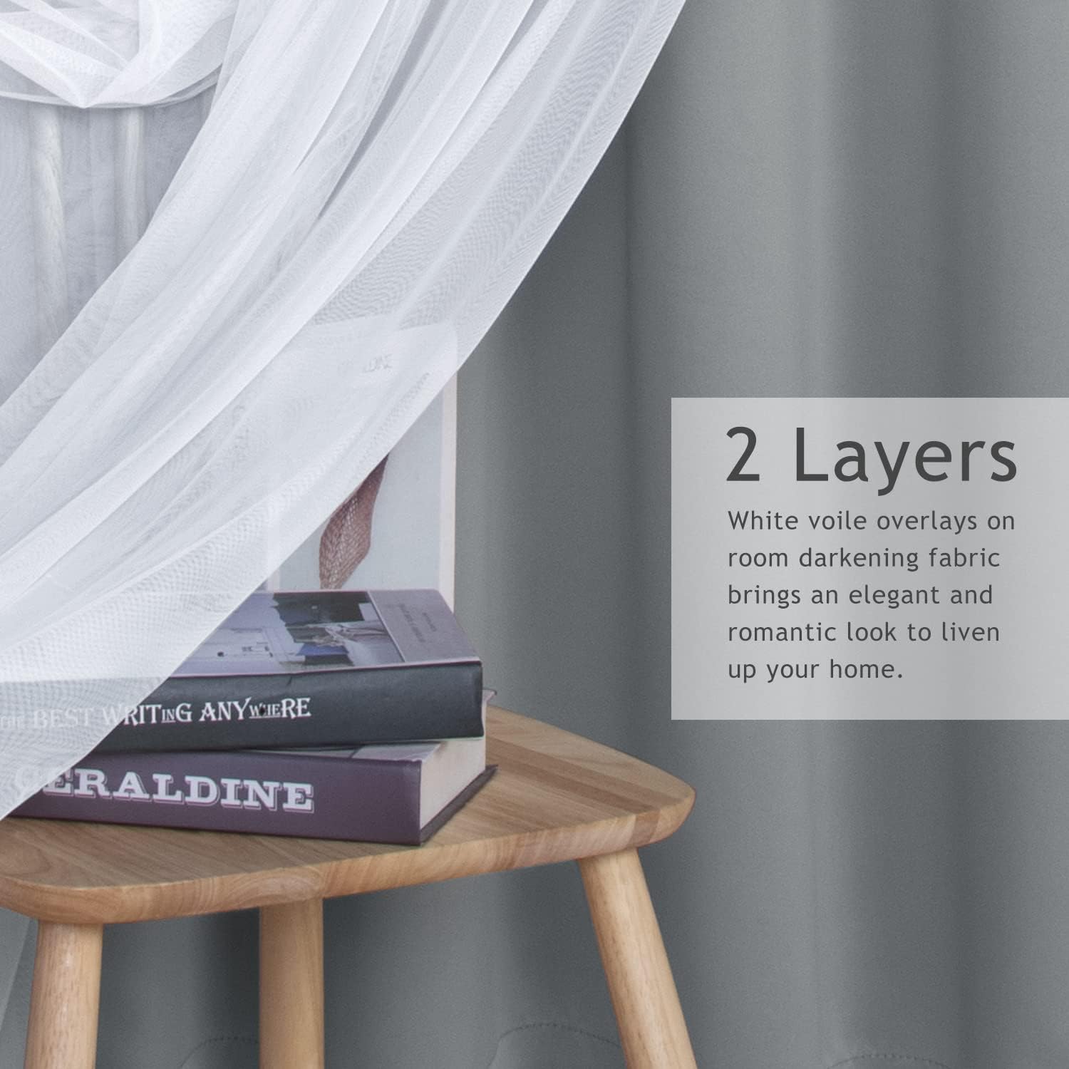 BONZER White Sheer Tulle Overlay Blackout Curtains Grommet Top Mix and Match Curtains for Bedroom, Cloud Grey, 52x63 Inch, Set of 2 Panels