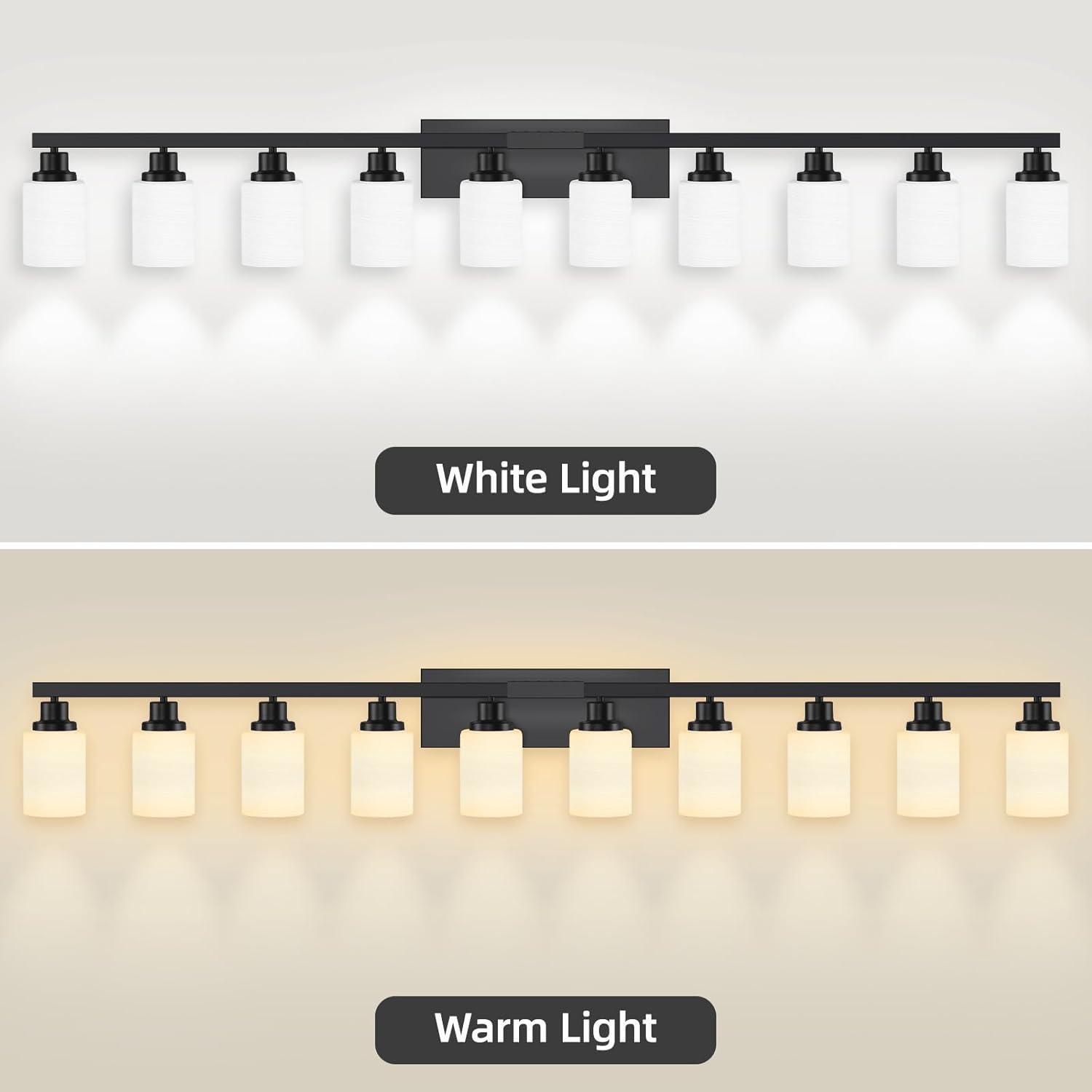 10 Light Bathroom Vanity Lights Over Mirror, 65.4 inch Black Vanity Lights Fixtures with White Glass Shades Matte Black Modern Vanity Lights Black Bathroom Wall Lighting for Mirror Bedroom