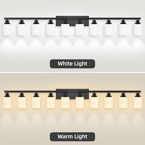 Miniatura 8 de 10 luces de tocador de baño sobre el espejo, 65.4 pulgadas, lámparas de tocador negras con pantallas de vidrio blanco mate negro moderno luces de