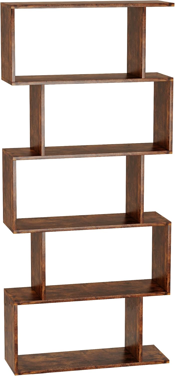 Yusong Bookshelf 5-Tier, Geometric Bookcase S Shaped Book Shelves for Bedroom, Modern Industrial Wood Decorative Display Shelf Book Case for Home Office, Rustic Brown