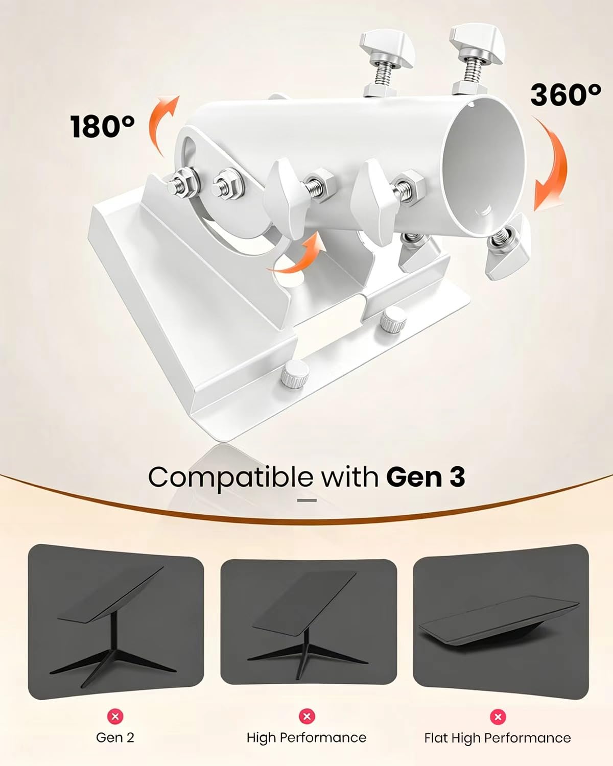 Adaptateur de tube Starlink Gen 3 à 360° - Blanc - Support de mât V3 - Plaque de montage pour toit - Compatible avec antenne standard Starlink - Convient pour mâts de 28 à 54 mm