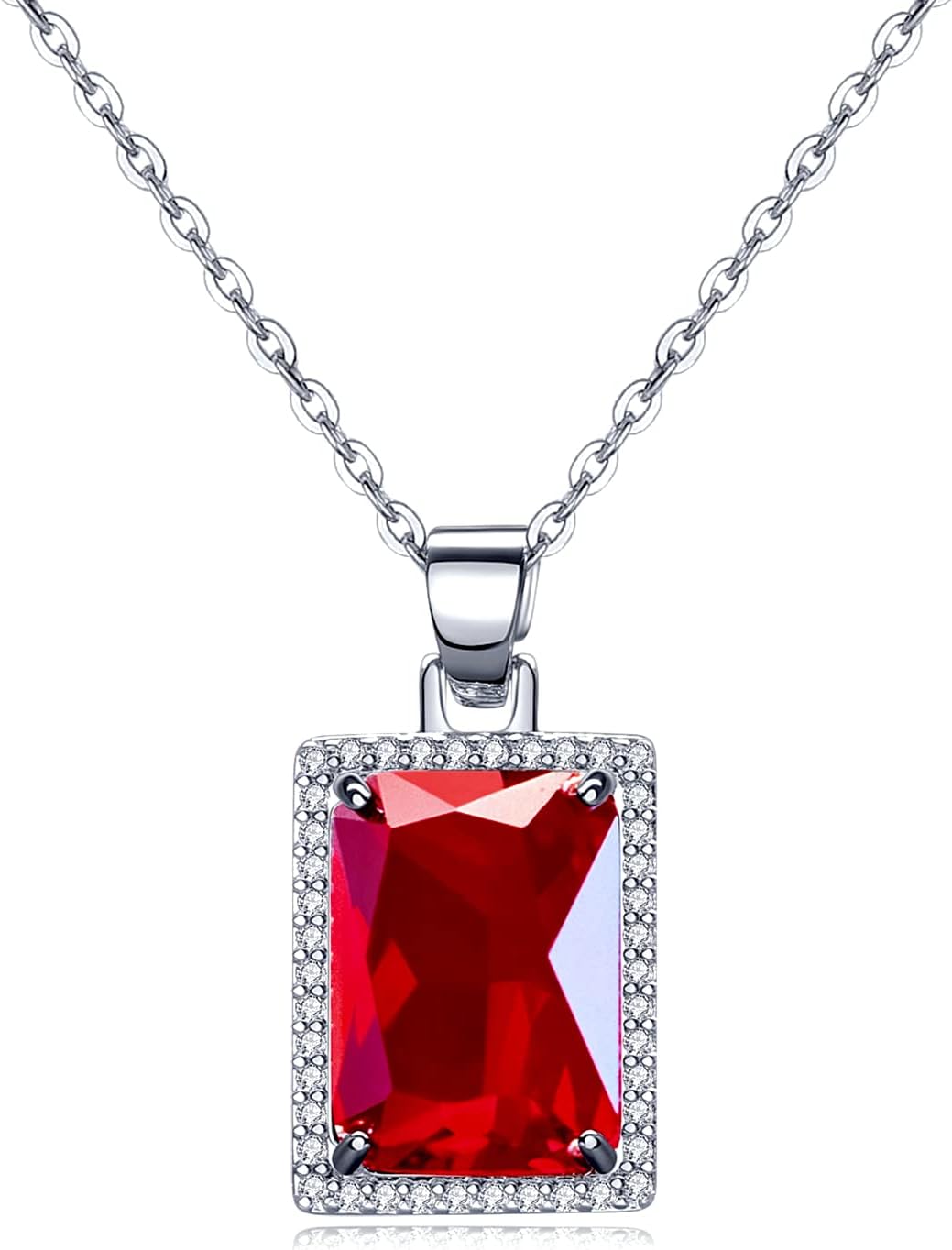 VONSSY Rectangle Gemstone Pendant Necklace | Ruby Crystal & Created-Emerald Birthstone Necklace | 18K Platinum Gold Plated Chain | Meaningful Jewelry Gift for Mother Daughter Girlfriend