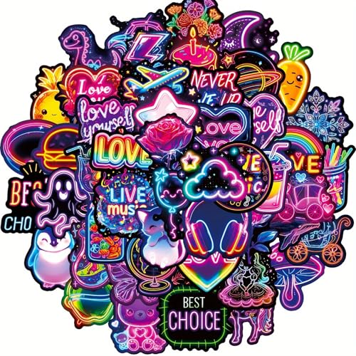 Adesivos neon legais para crianças adolescentes adesivos de vinil à prova d'água para garrafa de água, scrapbook, laptop, skate, guitarra, capa de telefone - 50 peças