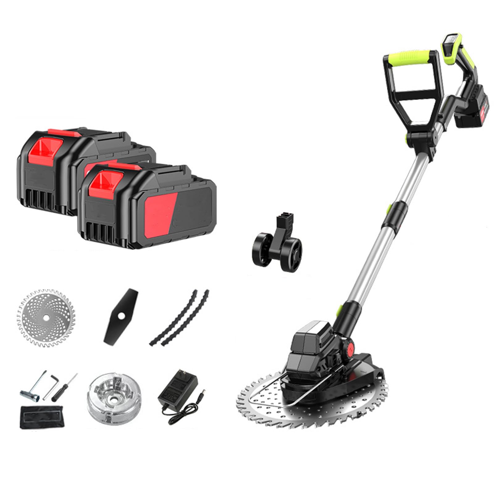 Decespugliatore senza fili, asta regolabile da 117 a 140 cm, lama grande da 20 cm, protezione di sicurezza, con kit di ruote opzionali per una facile manutenzione del prato e del cortile