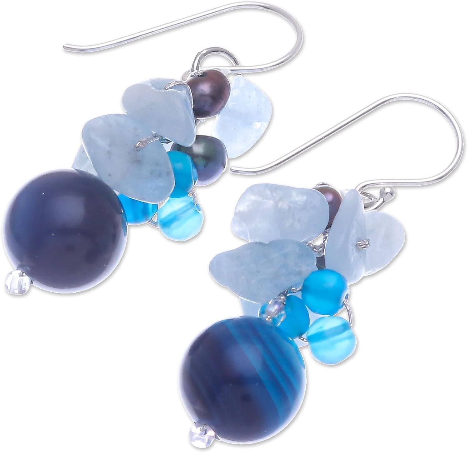 NOVICA Artisan Handmade Cultured Freshwater Pearl Aquamarine Cluster Earrings Unique .925 Sterling Silver Agate Glass Bead White Blue Thailand Scuba Birthstone 'Blue Love'