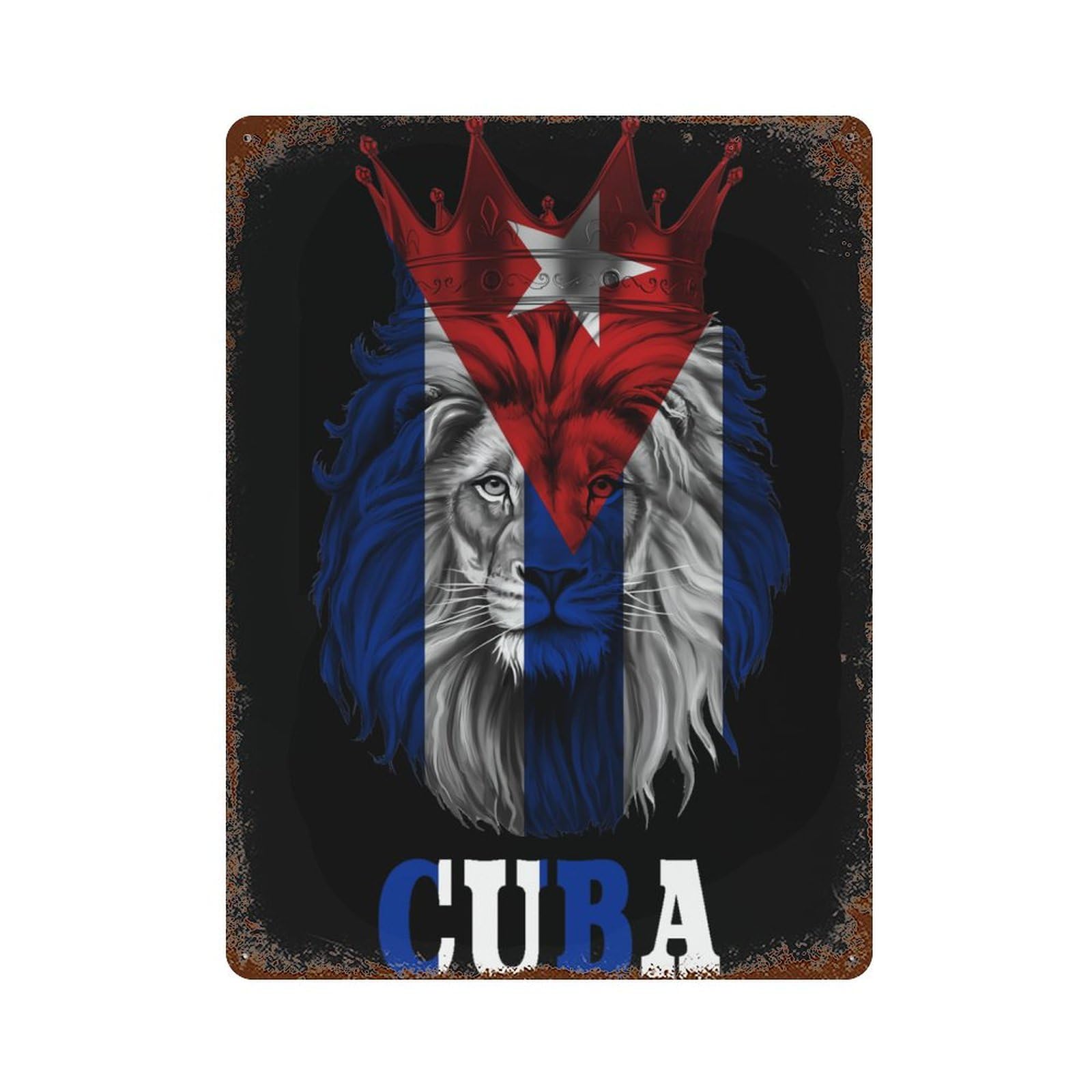 KWQDOZF King Lion Cuba Flag Theme Metal Tin Sign,Vintage Iron Hanging Plate Vertical with Rust Poster Wall Decor 12x16inch