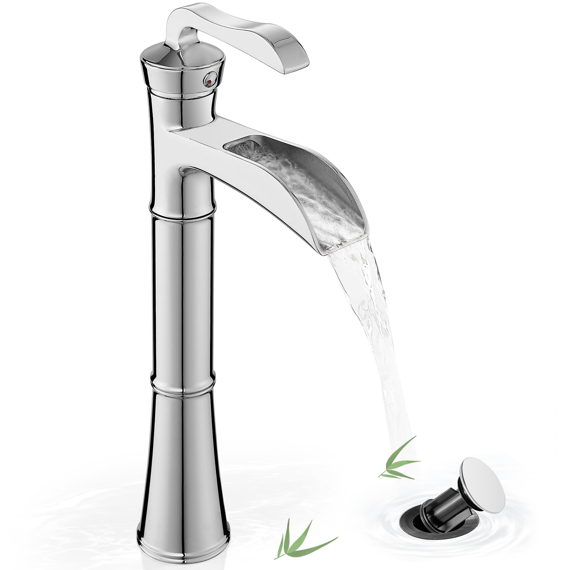 Hcfyauis Tall - Chrome Brass Vessel Faucet, Waterfall Chrome Bathroom Faucet, Single Hole Tall Bathroom Faucets For Vessel Sinks, Single Handle Bathroom Sink Faucets With Pop-Up Drain & Supply Water Hoses, No Leaks