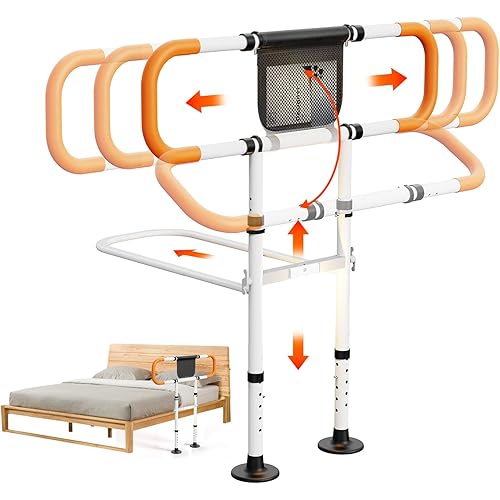 Zelvia Bed Rails for Elderly Adults Safety with Motion Light & Storage Pouch - Retractable & Foldable Bed Handrails Assist Bedrails for Seniors, Surgery Patients & Handicap-White&Orange