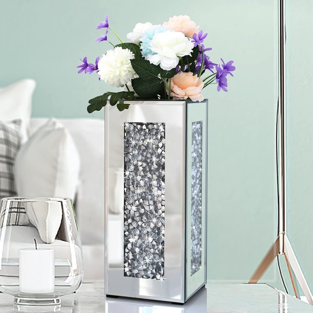Crushed Diamond Mirrored Vase 6x6x14 inch Crystal Silver