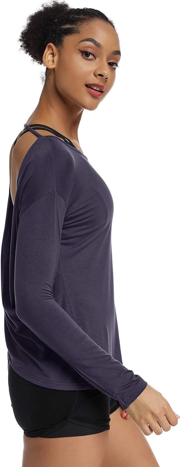 Muzniuer Women's Long Sleeve Workout Shirts Backless Yoga Shirts Cross Back Open Shirt - Image 3