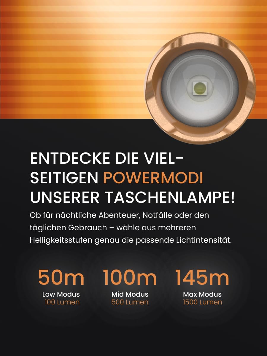 Duracell Linterna LED DF1500R Pro – 1500 lúmenes, enfocable, alcance de 145 m, recargable por USB-C, batería de ion de litio 21700, varios modos de luz, a prueba de salpicaduras, incluye caja de
