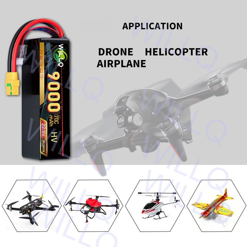 Batteria per drone radiocomandato ad alta tensione 9000mAh 6S 22,8V 70C | Rimovibile, portatile, guscio in PVC, leggero, spina XT60, di ricambio, ricaricabile