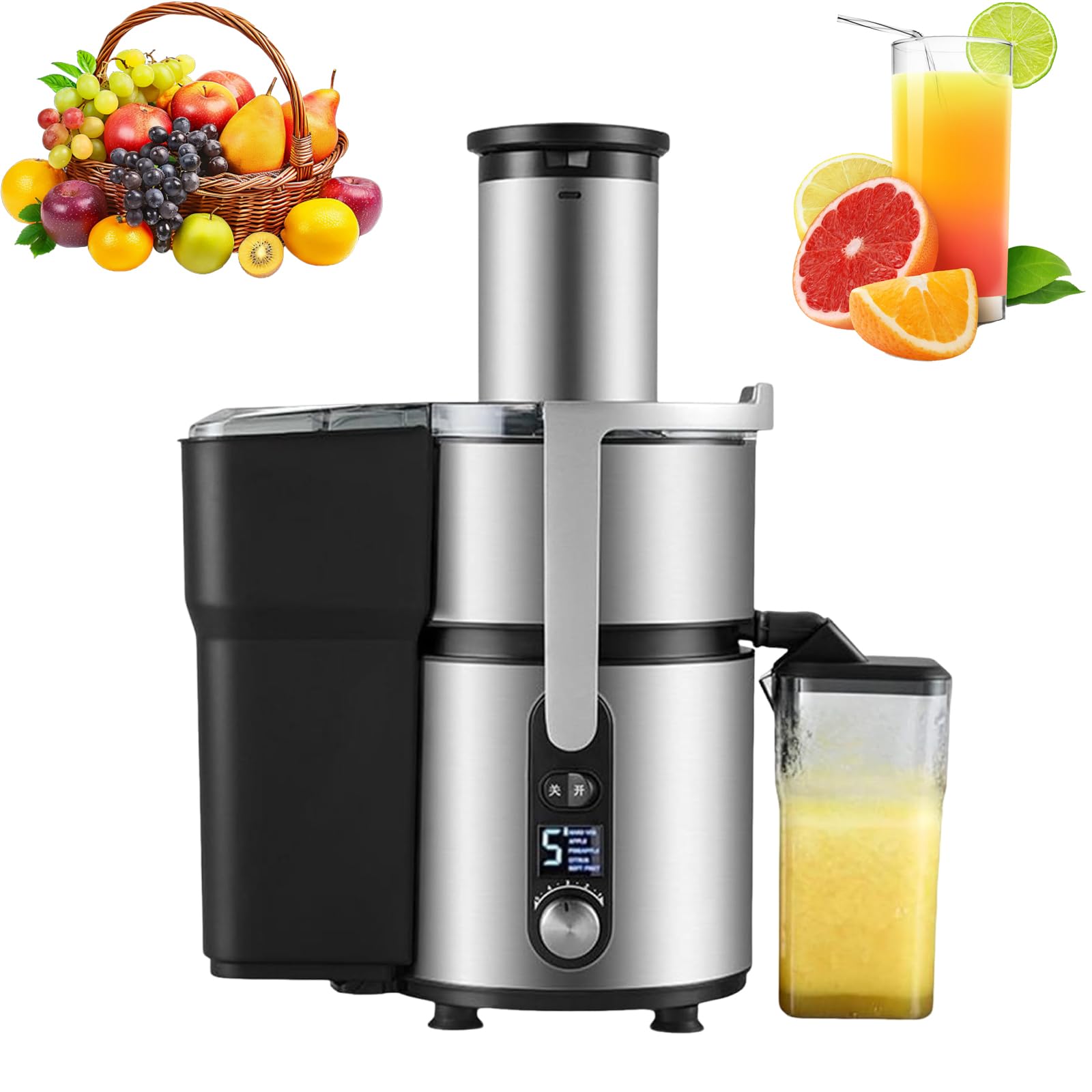Wyciskarka do soku pomarańczowego ze stali nierdzewnej z 5 ustawieniami prędkości, sokowirówka odśrodkowa o mocy 1250 W, rynna zasypowa o średnicy 84 mm do całych owoców, warzyw, użytku domowego