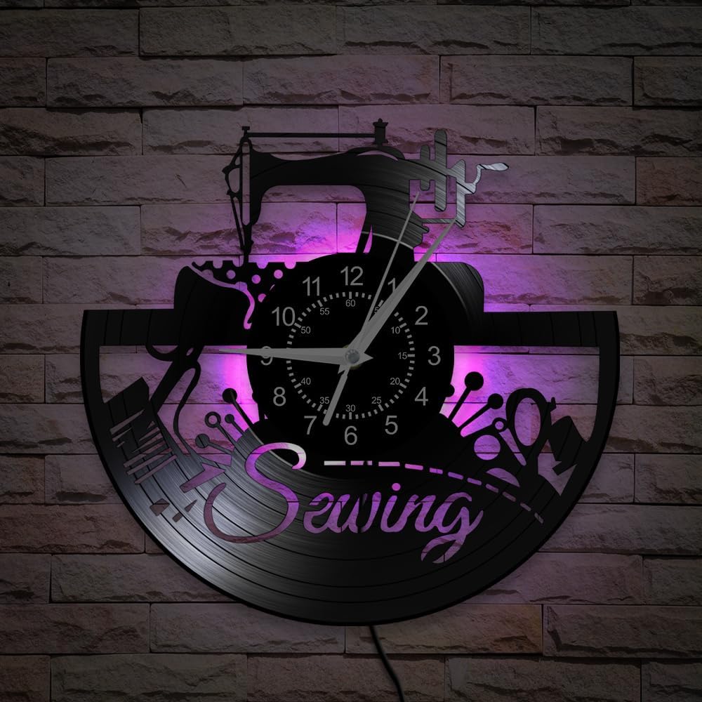 12 Inch Sewing Machine Vinyl Record Wall Clock 7 Color Changing, Vintage Design Dressmaker Sewing Room Wall Clock LED Night Light Tailor Quilting Wall Watch Clock for Seamstress Tailor Gift