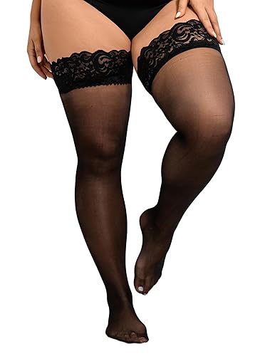 Hellomamma Plus Size Thigh High Stockings: Women Lace Anti-Slip Stay Up Sheer Pantyhose Lingerie Stockings for Sexy Women - Black - 3X-Large Plus