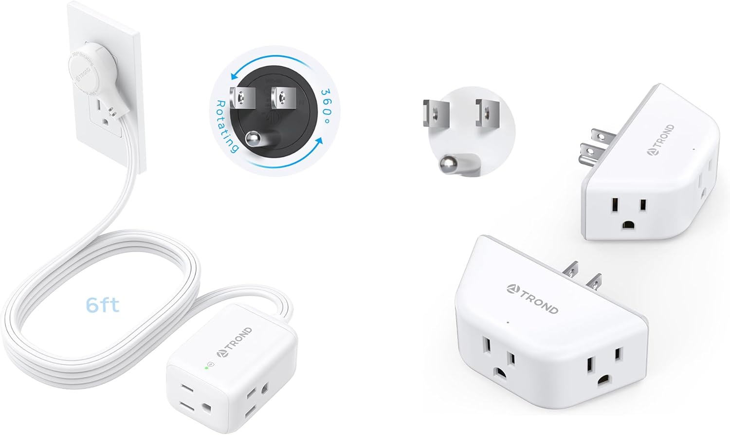 Bundle - 2 Items: 360° Rotating Flat Plug Extension Cord Surge Protector 6ft &Multi Plug Outlet Extender 2 Pack