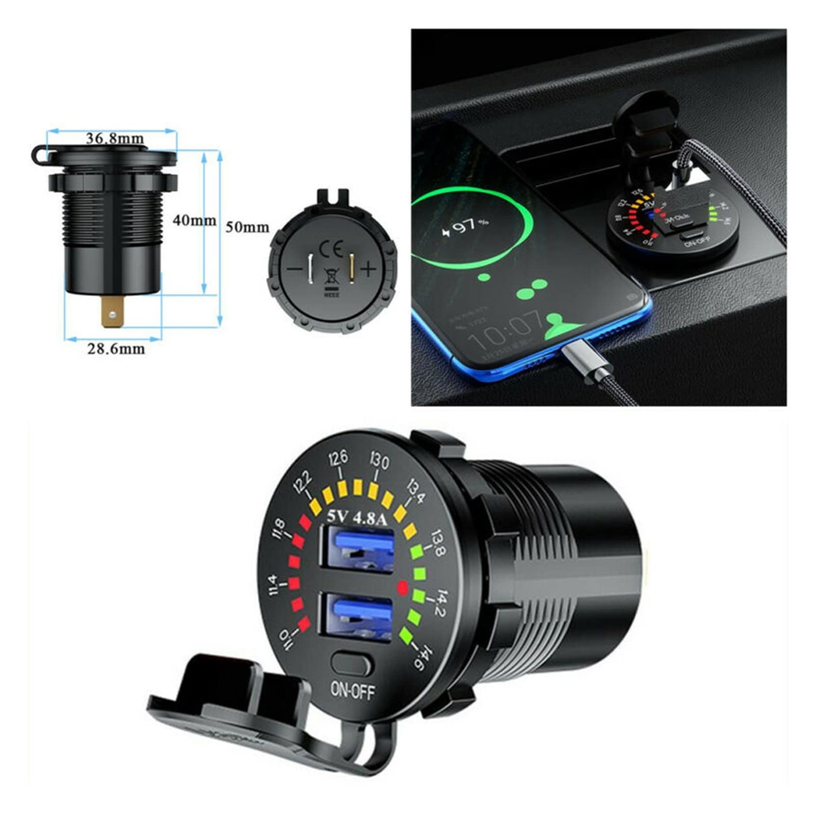 5V 4.8A Podwójny USB z wyświetlaczem woltomierza LED Ładowarka samochodowa do telefonu komórkowego Adapter Narzędzia zapalniczka