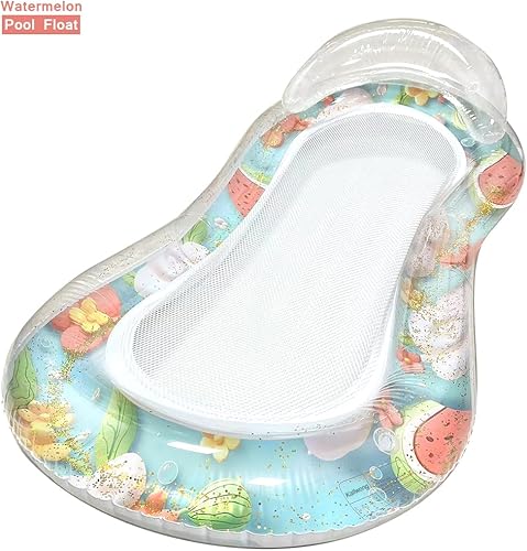 Miniatura 2 de Tumbona inflable para piscina con malla, hamaca de natación para adultos, diseño transparente de sandíafresas, reposacabezas integrado, relleno de