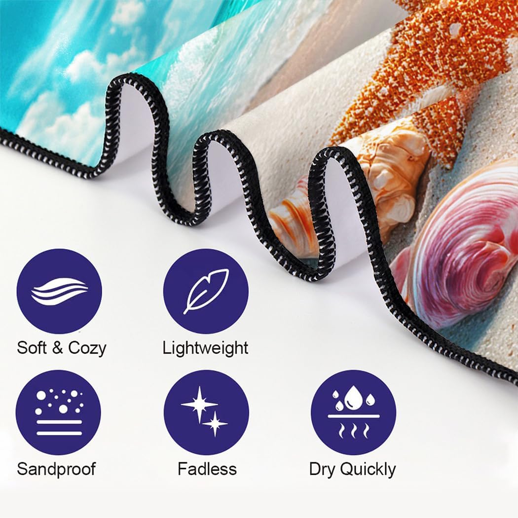 Coastal Shells Starfish Beach Towel, 36"x72" Sand Free Quick Dry Thin Microfiber Towel for Cruise Pool Travel