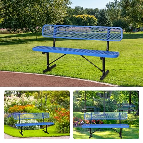 Image of 6FT Outdoor Metal Bench Park Benches for Outside, Blue Heavy Duty Long Steel Bench with Back, Commercial Garden Bench Expanded Metal Bench Seat for Lawn, Park, Deck, Garden, Patio, Porch