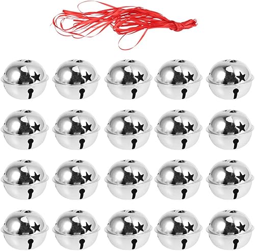 20 cascabeles de Navidad, campanas plateadas con purpurina hueca y estrella, con cinta, decoración de árbol de Navidad (1.6 in)
